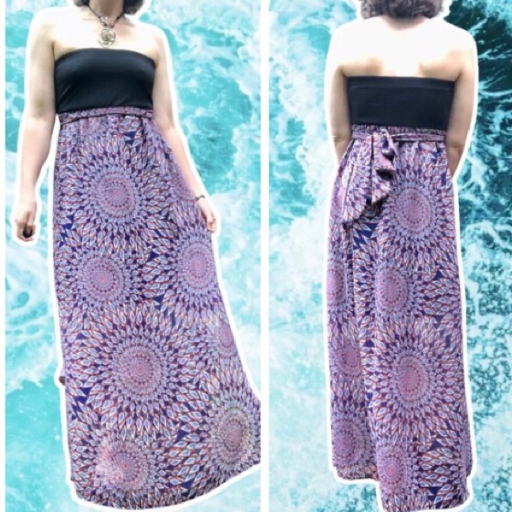 Strapless Maxi Dress with Self Belt and Bright Fractal Burst Print, Size L